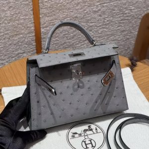 Hermes Kelly Mini 2 19CM Bag Handmade In KK Ostrich Leather from South Africa Silver Hardware 8u Blue Giacier - Image 9