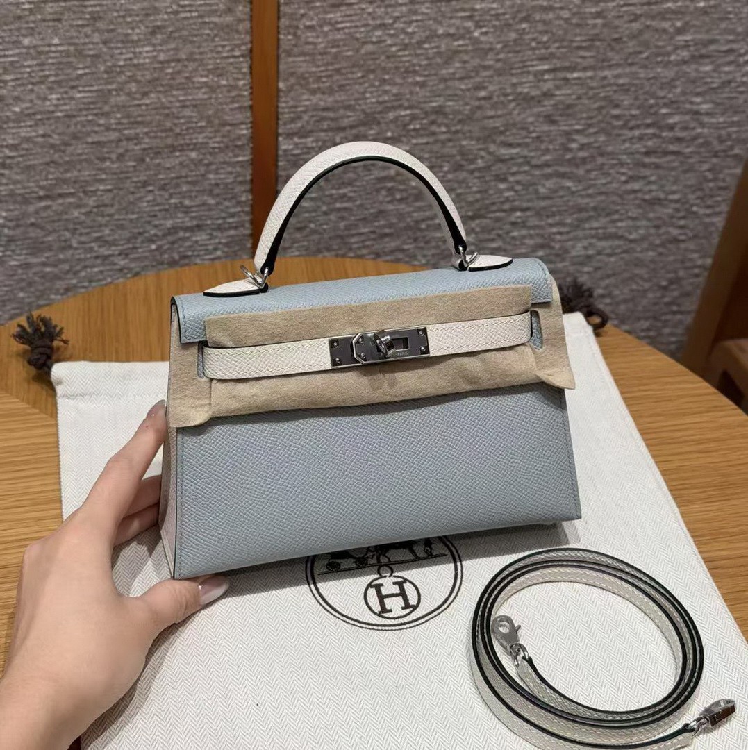 Hermes Kelly Mini 2 19CM Bag Handmade In Epsom Calfskin Leather Silver Hardware 8u Blue Glacier 10 Craie