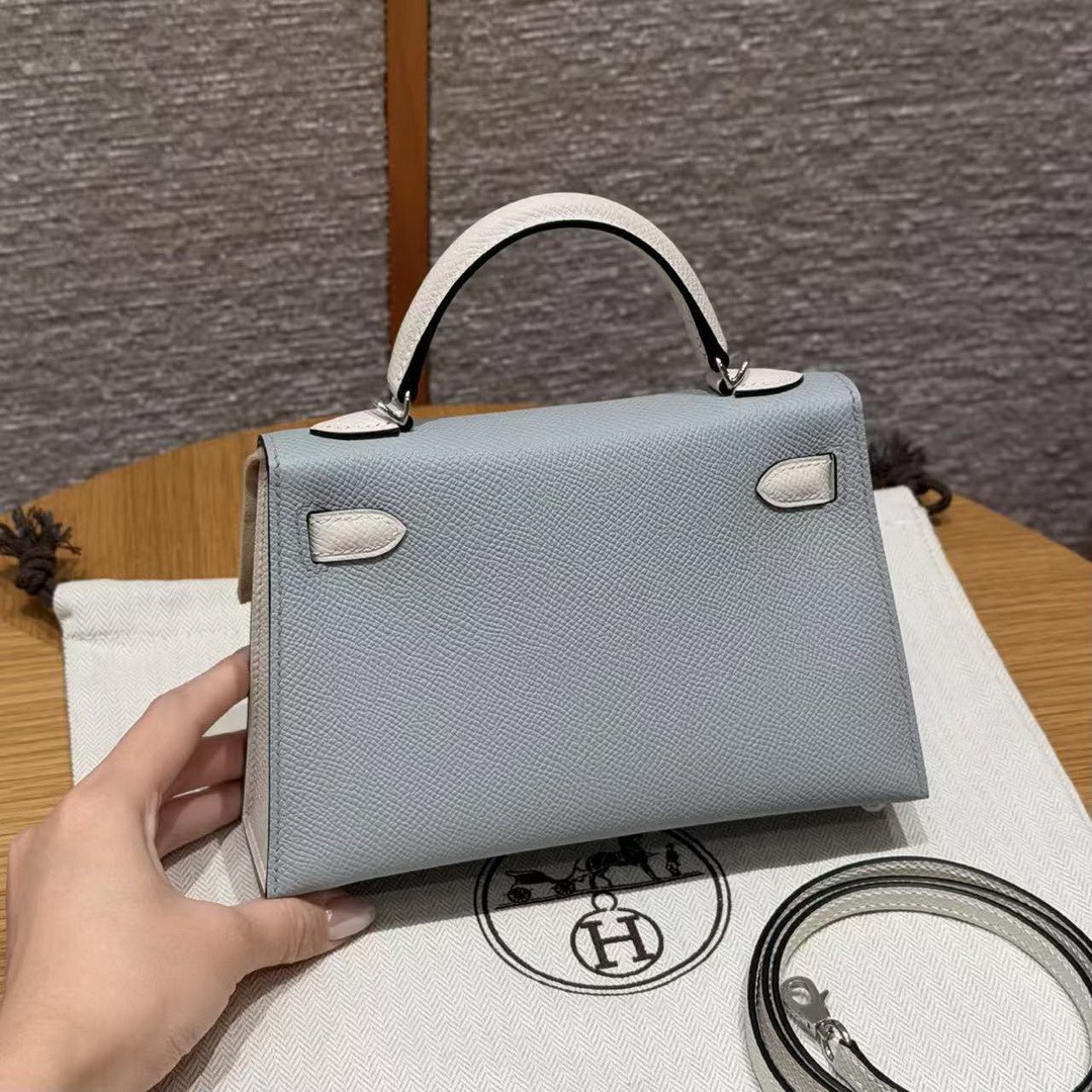 Hermes Kelly Mini 2 19CM Bag Handmade In Epsom Calfskin Leather Silver Hardware 8u Blue Glacier 10 Craie - Image 2