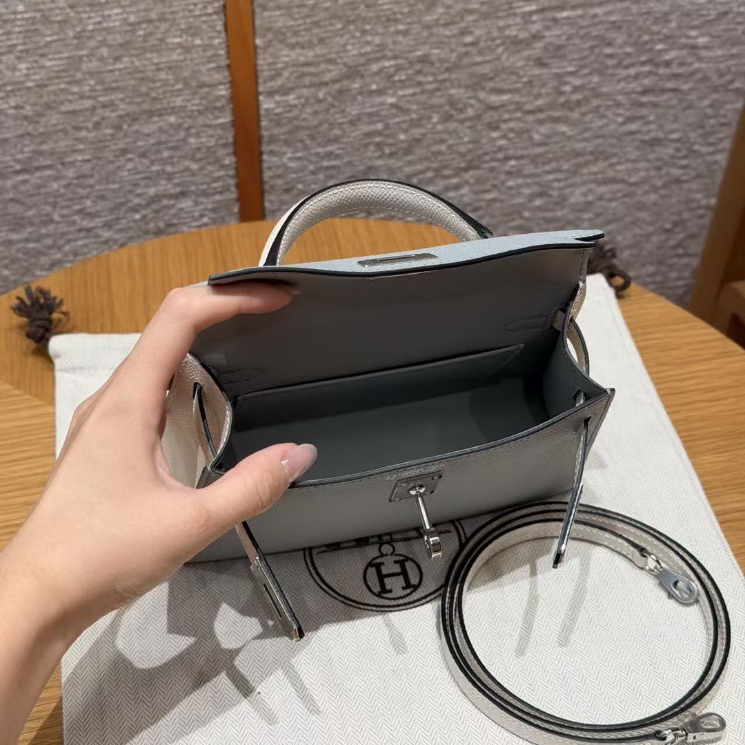Hermes Kelly Mini 2 19CM Bag Handmade In Epsom Calfskin Leather Silver Hardware 8u Blue Glacier 10 Craie - Image 15