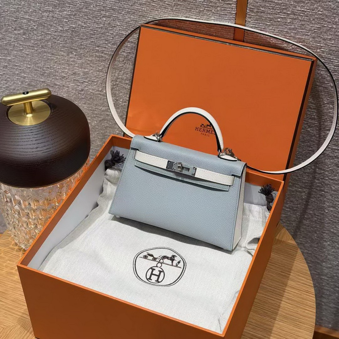 Hermes Kelly Mini 2 19CM Bag Handmade In Epsom Calfskin Leather Silver Hardware 8u Blue Glacier 10 Craie - Image 11