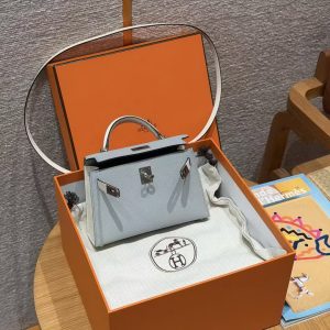 Hermes Kelly Mini 2 19CM Bag Handmade In Epsom Calfskin Leather Silver Hardware 8u Blue Glacier 10 Craie - Image 10