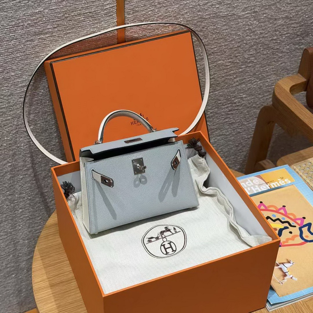 Hermes Kelly Mini 2 19CM Bag Handmade In Epsom Calfskin Leather Silver Hardware 8u Blue Glacier 10 Craie - Image 10