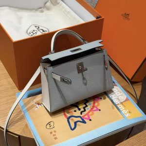 Hermes Kelly Mini 2 19CM Bag Handmade In Epsom Calfskin Leather Silver Hardware 8u Blue Glacier 10 Craie - Image 9