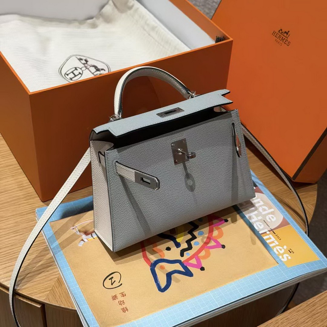 Hermes Kelly Mini 2 19CM Bag Handmade In Epsom Calfskin Leather Silver Hardware 8u Blue Glacier 10 Craie - Image 9