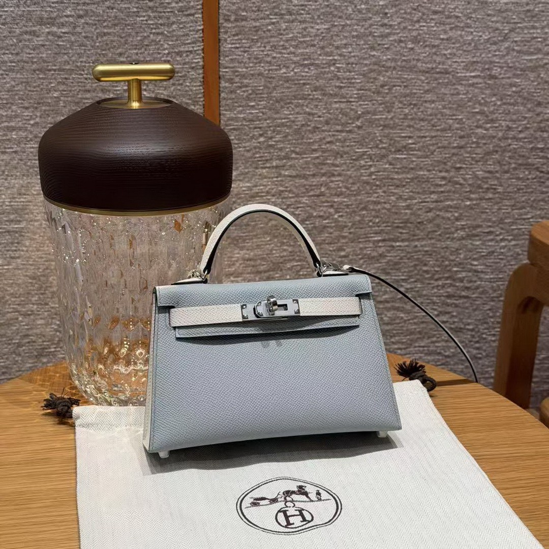 Hermes Kelly Mini 2 19CM Bag Handmade In Epsom Calfskin Leather Silver Hardware 8u Blue Glacier 10 Craie - Image 8