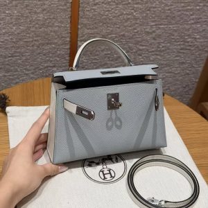 Hermes Kelly Mini 2 19CM Bag Handmade In Epsom Calfskin Leather Silver Hardware 8u Blue Glacier 10 Craie - Image 7