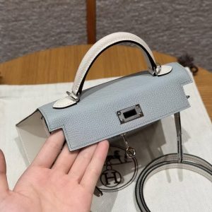Hermes Kelly Mini 2 19CM Bag Handmade In Epsom Calfskin Leather Silver Hardware 8u Blue Glacier 10 Craie - Image 5