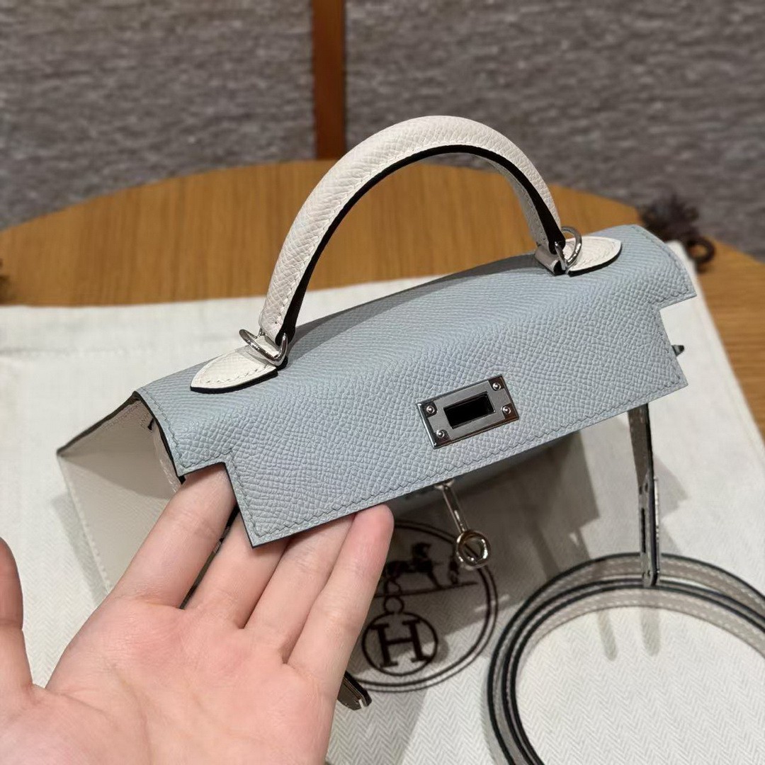 Hermes Kelly Mini 2 19CM Bag Handmade In Epsom Calfskin Leather Silver Hardware 8u Blue Glacier 10 Craie - Image 5