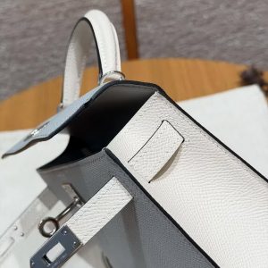 Hermes Kelly Mini 2 19CM Bag Handmade In Epsom Calfskin Leather Silver Hardware 8u Blue Glacier 10 Craie - Image 4