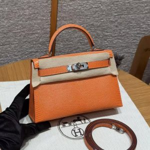 Hermes Kelly Mini 2 19CM Bag Handmade In Lizard Leather from South Africa Silver Hardware 93 Orange