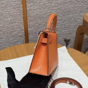 Hermes Kelly Mini 2 19CM Bag Handmade In Lizard Leather from South Africa Silver Hardware 93 Orange - Image 2