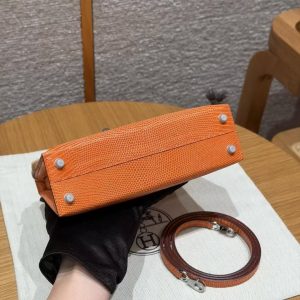 Hermes Kelly Mini 2 19CM Bag Handmade In Lizard Leather from South Africa Silver Hardware 93 Orange - Image 21
