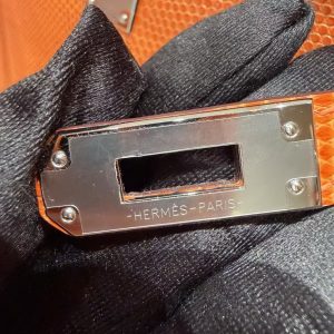 Hermes Kelly Mini 2 19CM Bag Handmade In Lizard Leather from South Africa Silver Hardware 93 Orange - Image 18