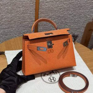 Hermes Kelly Mini 2 19CM Bag Handmade In Lizard Leather from South Africa Silver Hardware 93 Orange - Image 15