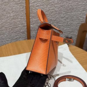 Hermes Kelly Mini 2 19CM Bag Handmade In Lizard Leather from South Africa Silver Hardware 93 Orange - Image 14