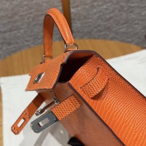 Hermes Kelly Mini 2 19CM Bag Handmade In Lizard Leather from South Africa Silver Hardware 93 Orange - Image 13