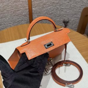 Hermes Kelly Mini 2 19CM Bag Handmade In Lizard Leather from South Africa Silver Hardware 93 Orange - Image 12