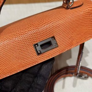 Hermes Kelly Mini 2 19CM Bag Handmade In Lizard Leather from South Africa Silver Hardware 93 Orange - Image 11