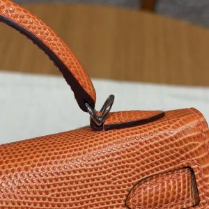 Hermes Kelly Mini 2 19CM Bag Handmade In Lizard Leather from South Africa Silver Hardware 93 Orange - Image 8