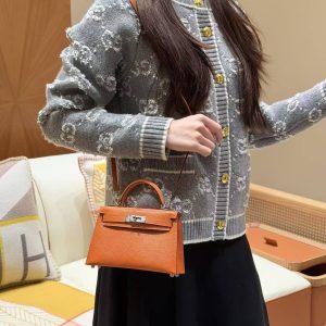 Hermes Kelly Mini 2 19CM Bag Handmade In Lizard Leather from South Africa Silver Hardware 93 Orange - Image 4