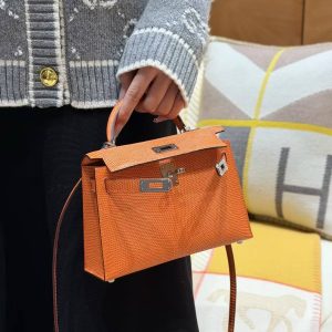 Hermes Kelly Mini 2 19CM Bag Handmade In Lizard Leather from South Africa Silver Hardware 93 Orange - Image 3