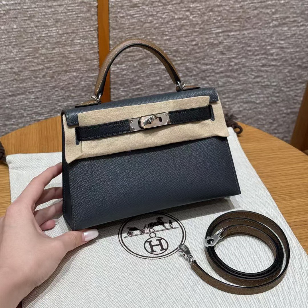 Hermes Kelly Mini 2 19CM Bag Handmade In Epsom Calfskin Leather Silver Hardware H0 Girs Misty 89 Noir 3G Alezan