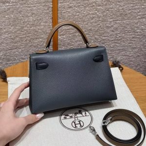 Hermes Kelly Mini 2 19CM Bag Handmade In Epsom Calfskin Leather Silver Hardware H0 Girs Misty 89 Noir 3G Alezan - Image 2