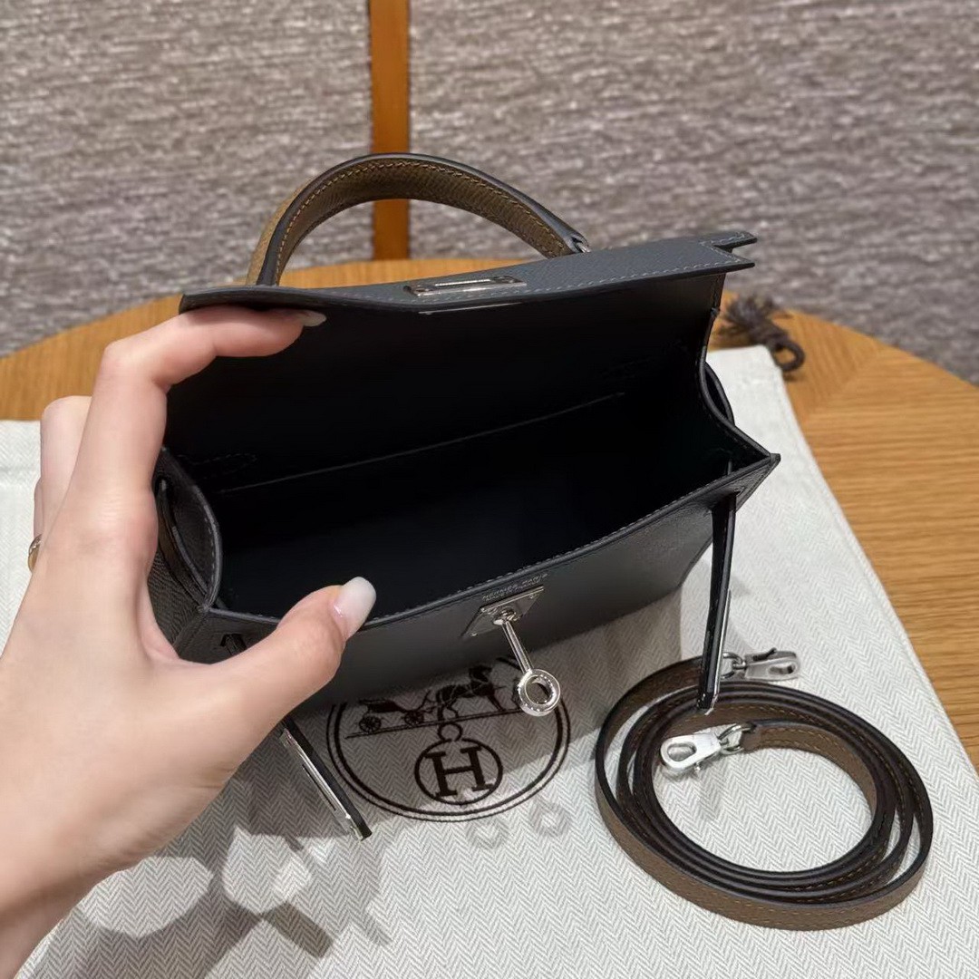 Hermes Kelly Mini 2 19CM Bag Handmade In Epsom Calfskin Leather Silver Hardware H0 Girs Misty 89 Noir 3G Alezan - Image 18