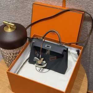 Hermes Kelly Mini 2 19CM Bag Handmade In Epsom Calfskin Leather Silver Hardware H0 Girs Misty 89 Noir 3G Alezan - Image 13