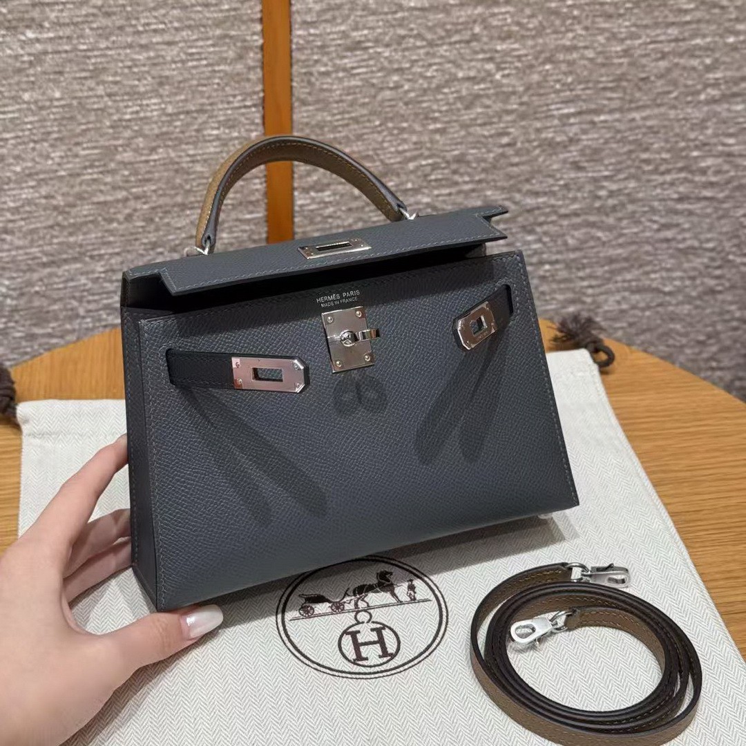 Hermes Kelly Mini 2 19CM Bag Handmade In Epsom Calfskin Leather Silver Hardware H0 Girs Misty 89 Noir 3G Alezan - Image 12