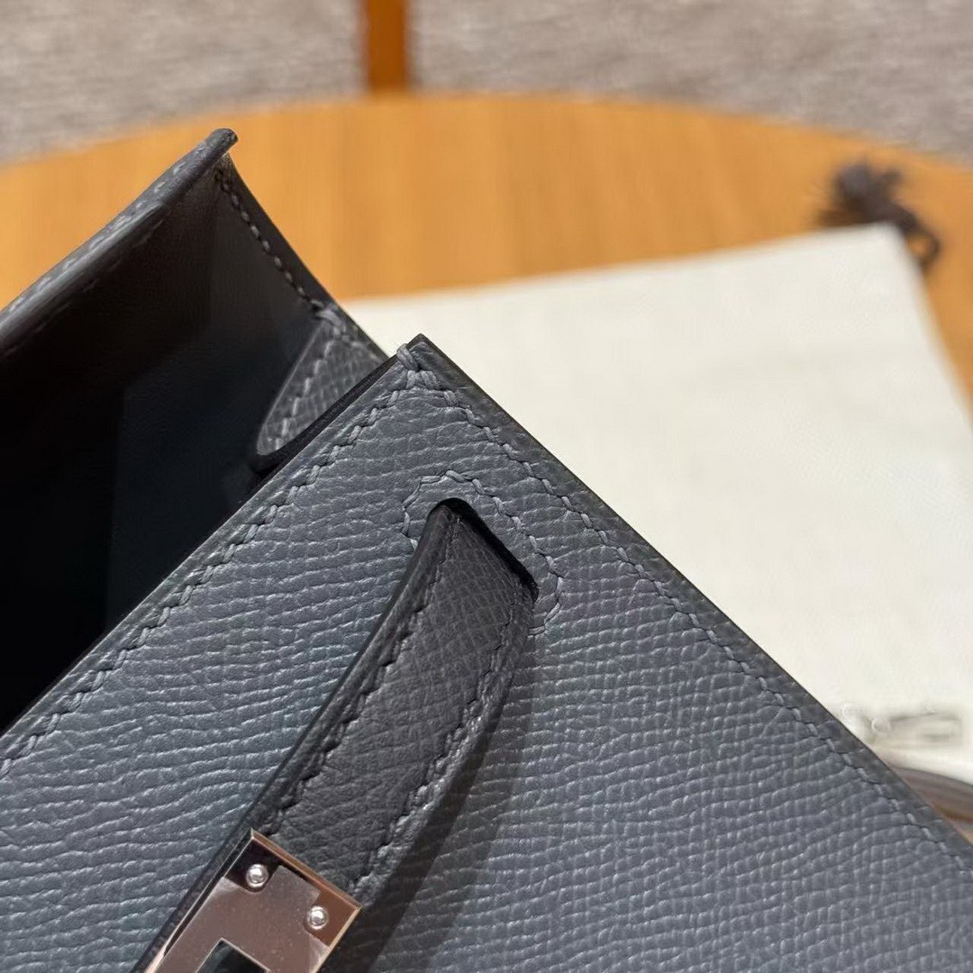 Hermes Kelly Mini 2 19CM Bag Handmade In Epsom Calfskin Leather Silver Hardware H0 Girs Misty 89 Noir 3G Alezan - Image 9