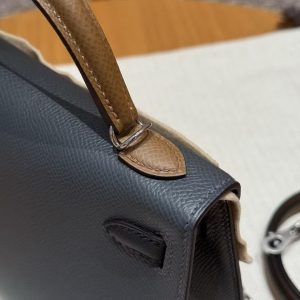 Hermes Kelly Mini 2 19CM Bag Handmade In Epsom Calfskin Leather Silver Hardware H0 Girs Misty 89 Noir 3G Alezan - Image 5
