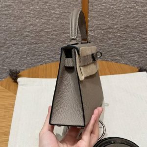 Hermes Kelly Mini 2 19CM Bag Handmade In Epsom Calfskin Leather Silver Hardware M8 Girs Asphalte - Image 20