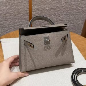 Hermes Kelly Mini 2 19CM Bag Handmade In Epsom Calfskin Leather Silver Hardware M8 Girs Asphalte - Image 14