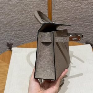Hermes Kelly Mini 2 19CM Bag Handmade In Epsom Calfskin Leather Silver Hardware M8 Girs Asphalte - Image 13