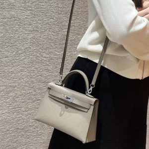 Hermes Kelly Mini 2 19CM Bag Handmade In Epsom Calfskin Leather Silver Hardware M8 Girs Asphalte - Image 5
