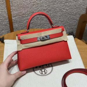 Hermes Kelly Mini 2 19CM Bag Handmade In Epsom Calfskin Leather Silver Hardware O5 Rouge Radieux