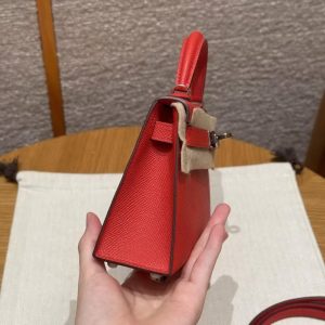 Hermes Kelly Mini 2 19CM Bag Handmade In Epsom Calfskin Leather Silver Hardware O5 Rouge Radieux - Image 19