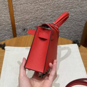Hermes Kelly Mini 2 19CM Bag Handmade In Epsom Calfskin Leather Silver Hardware O5 Rouge Radieux - Image 18