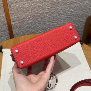 Hermes Kelly Mini 2 19CM Bag Handmade In Epsom Calfskin Leather Silver Hardware O5 Rouge Radieux - Image 17