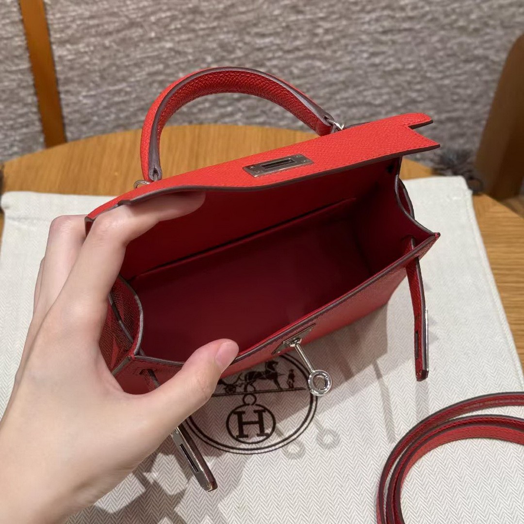 Hermes Kelly Mini 2 19CM Bag Handmade In Epsom Calfskin Leather Silver Hardware O5 Rouge Radieux - Image 16