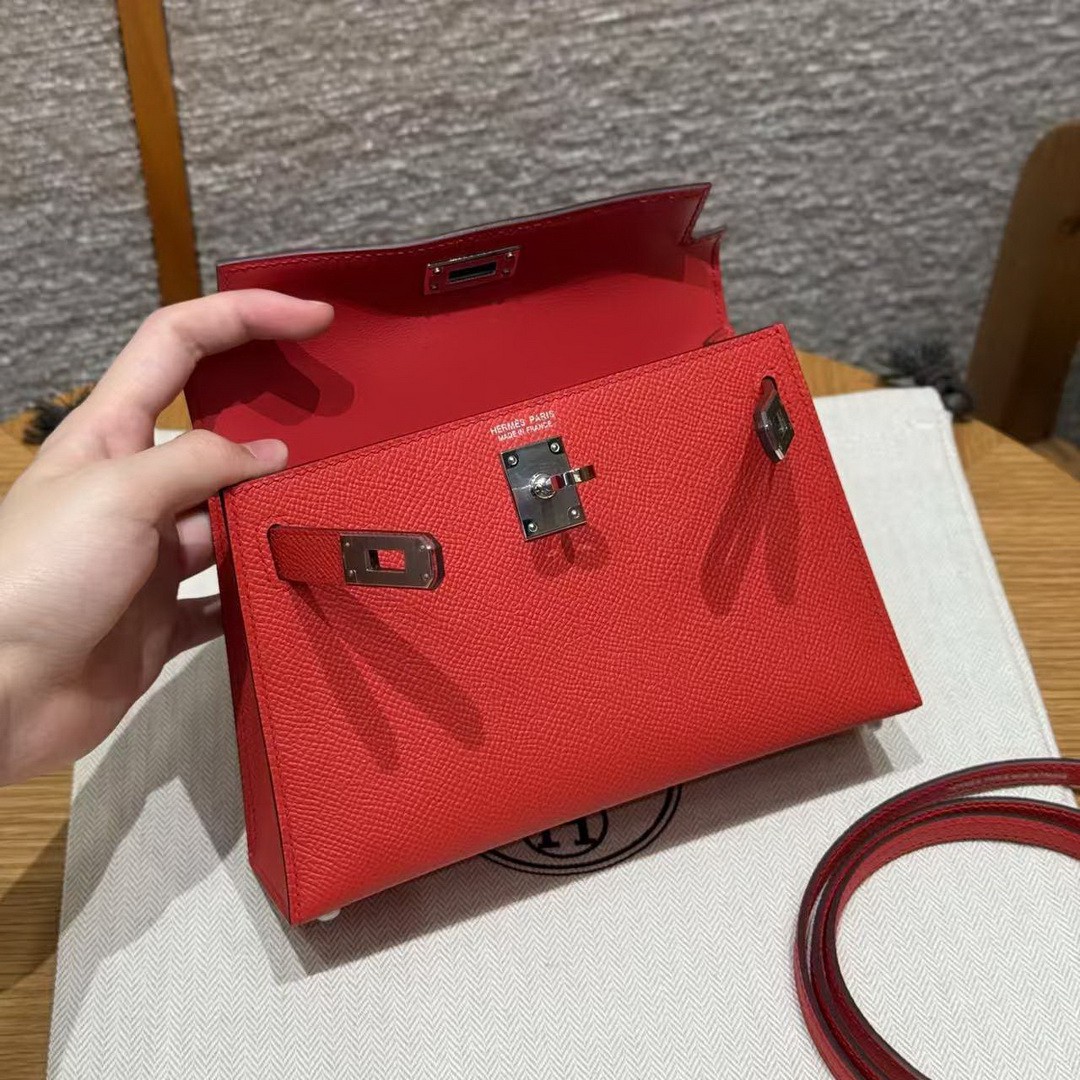 Hermes Kelly Mini 2 19CM Bag Handmade In Epsom Calfskin Leather Silver Hardware O5 Rouge Radieux - Image 12
