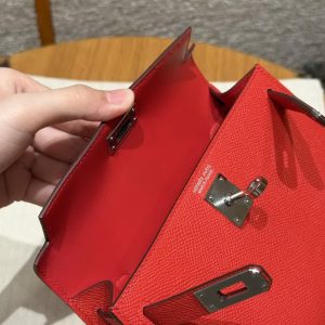Hermes Kelly Mini 2 19CM Bag Handmade In Epsom Calfskin Leather Silver Hardware O5 Rouge Radieux - Image 11
