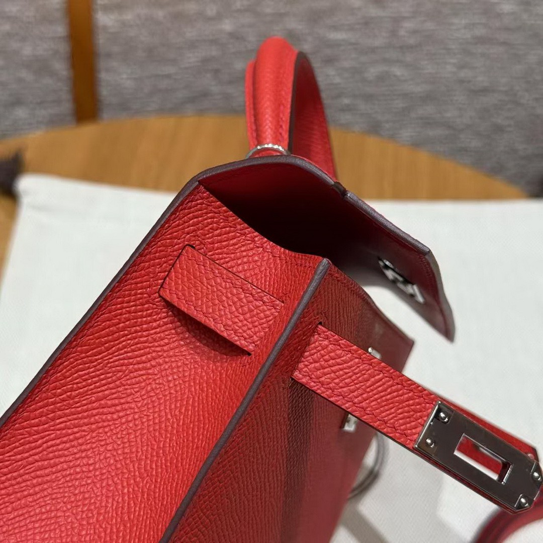 Hermes Kelly Mini 2 19CM Bag Handmade In Epsom Calfskin Leather Silver Hardware O5 Rouge Radieux - Image 9