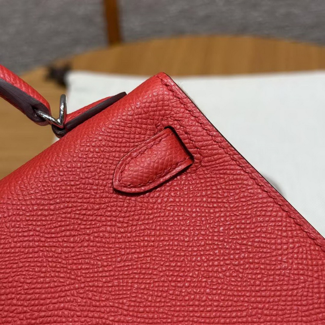 Hermes Kelly Mini 2 19CM Bag Handmade In Epsom Calfskin Leather Silver Hardware O5 Rouge Radieux - Image 6