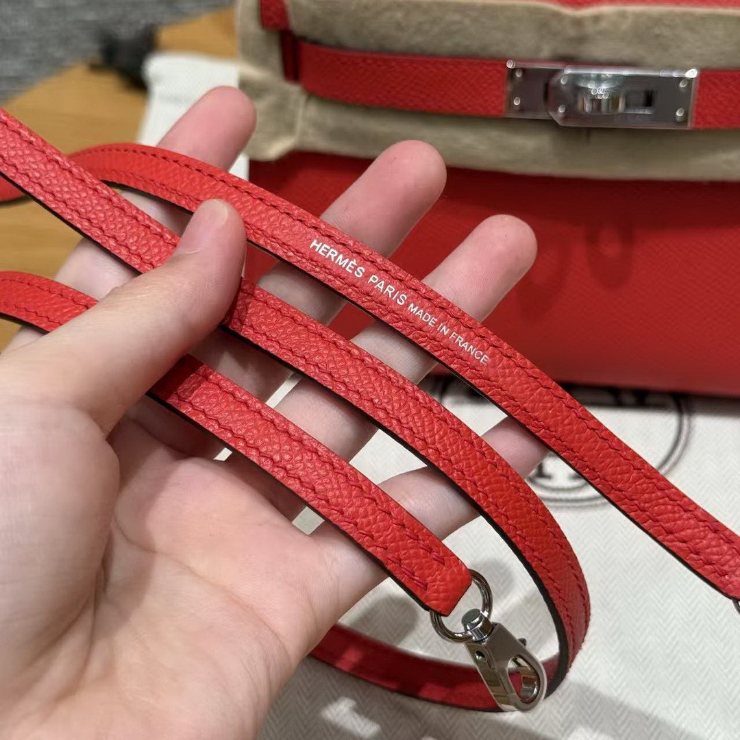 Hermes Kelly Mini 2 19CM Bag Handmade In Epsom Calfskin Leather Silver Hardware O5 Rouge Radieux - Image 3