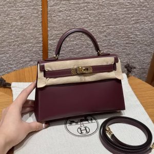 Hermes Kelly Mini 2 19CM Bag Handmade In Box Calfskin Leather Gold Hardware OG Rouge Sellier