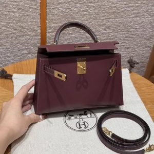 Hermes Kelly Mini 2 19CM Bag Handmade In Box Calfskin Leather Gold Hardware OG Rouge Sellier - Image 15