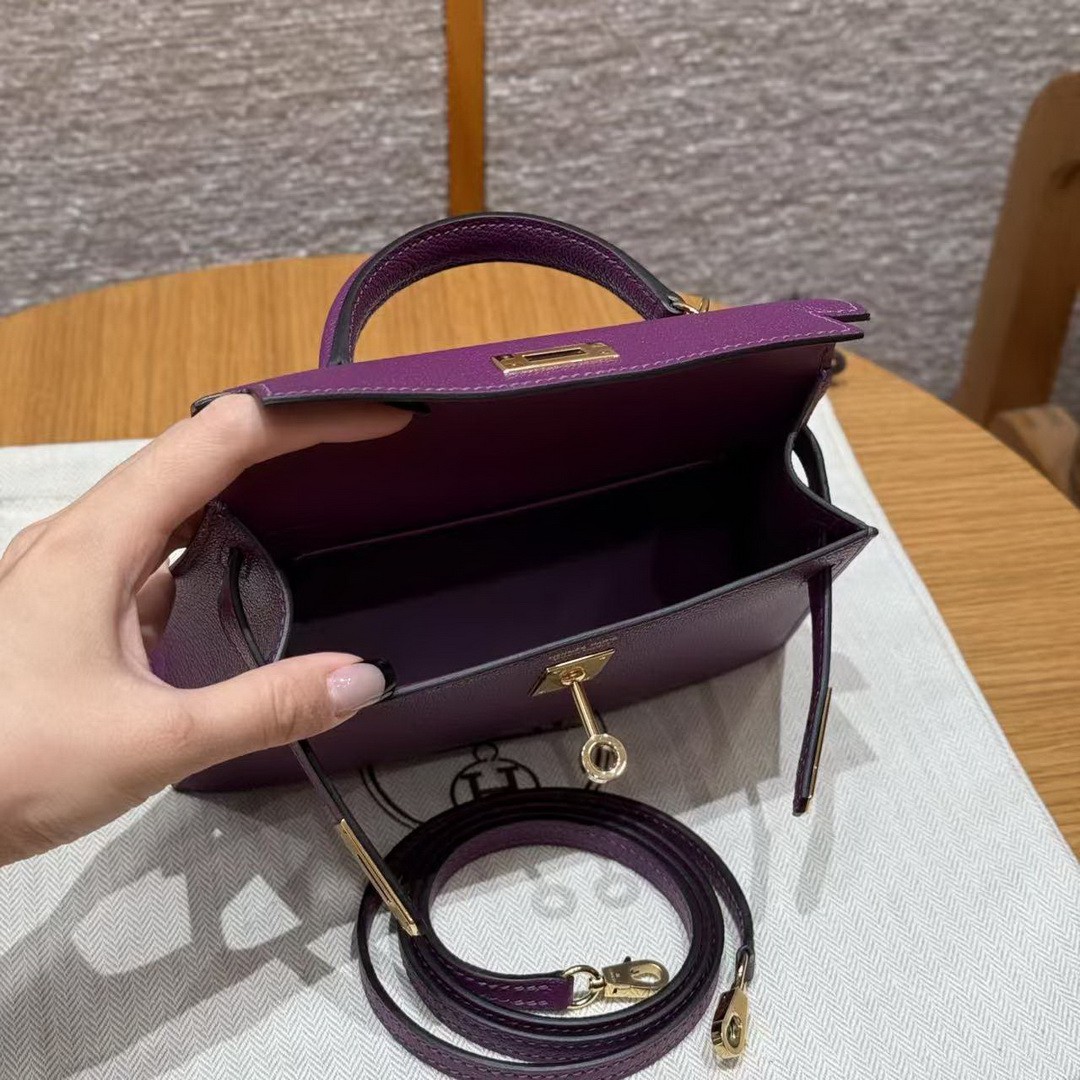Hermes Kelly Mini 2 19CM Bag Handmade In Chèvre Calfskin Leather Gold Hardware P9 Anemone - Image 22
